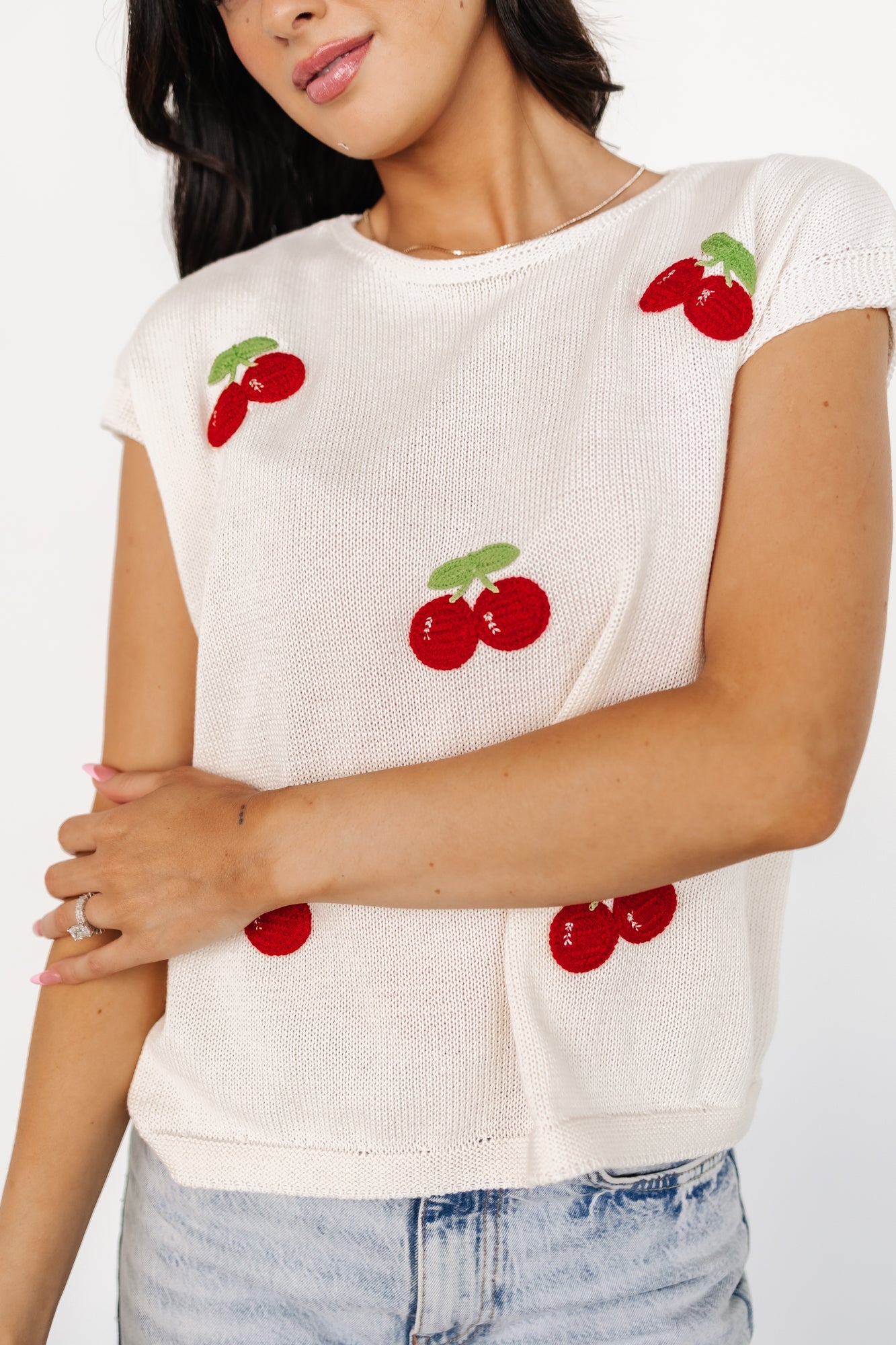 Lexie Knit Top | Cream + Cherry Applique - Image 2