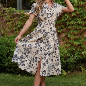 Lorna Midi Dress | Beige + Navy Print