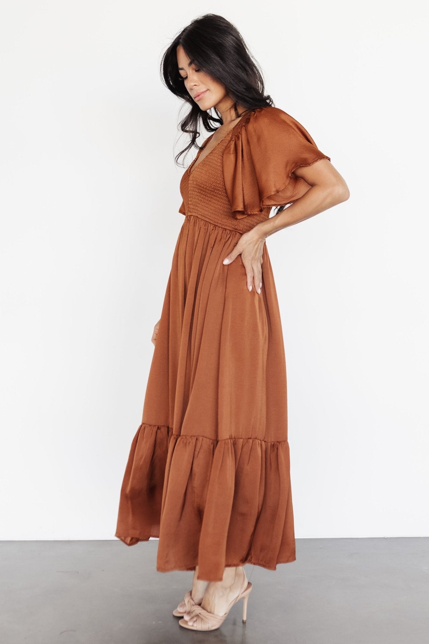 Lovell Smocked Midi Dress | Dark Copper - Image 8