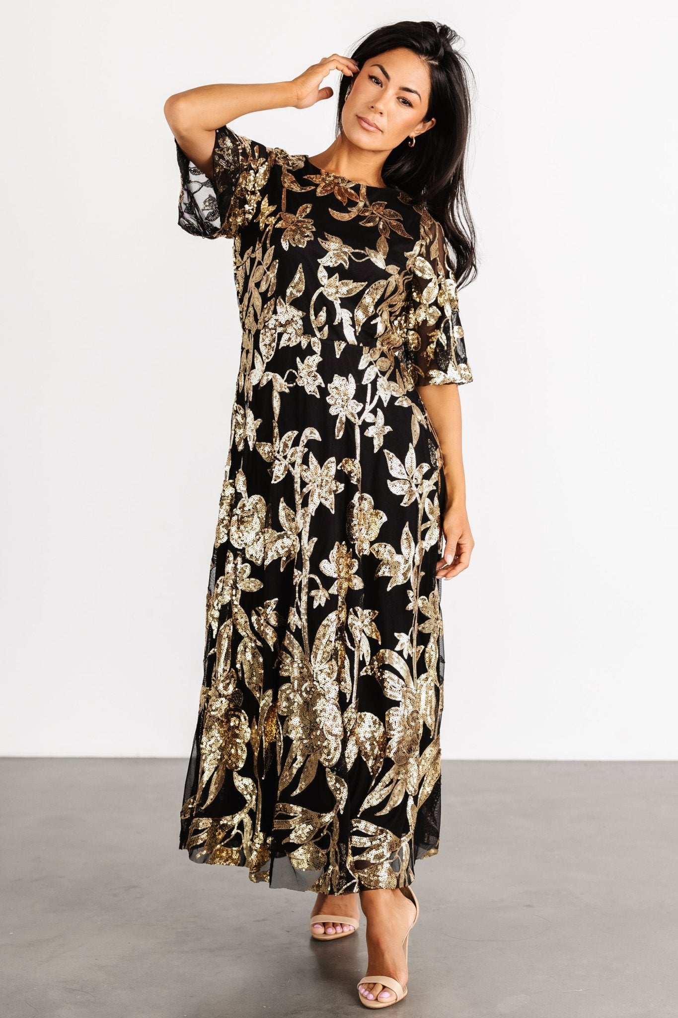 Lucy Sequin Dress | Black + Gold - Image 6