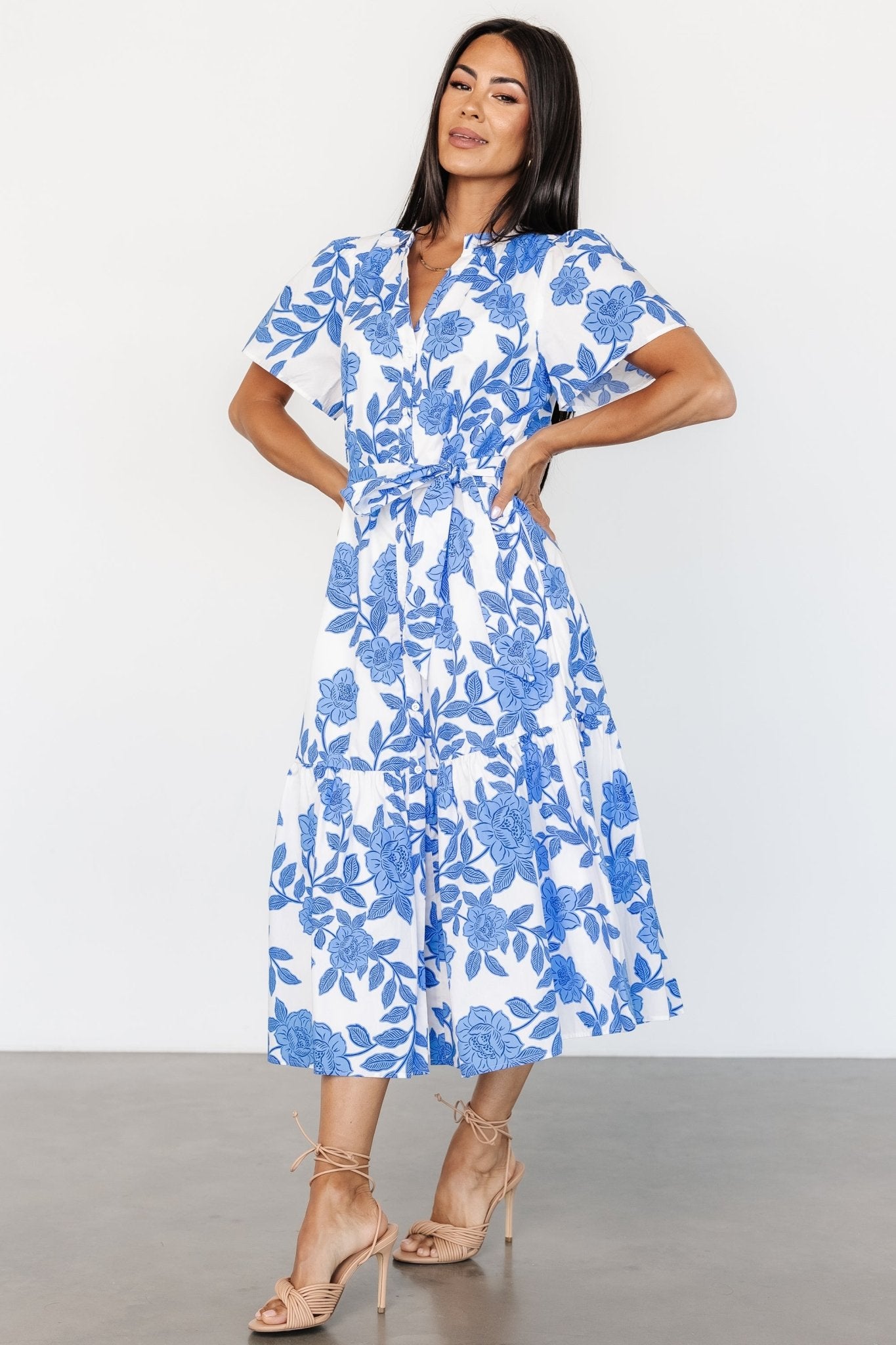 Lydie Button Midi Dress | White + Blue - Image 2