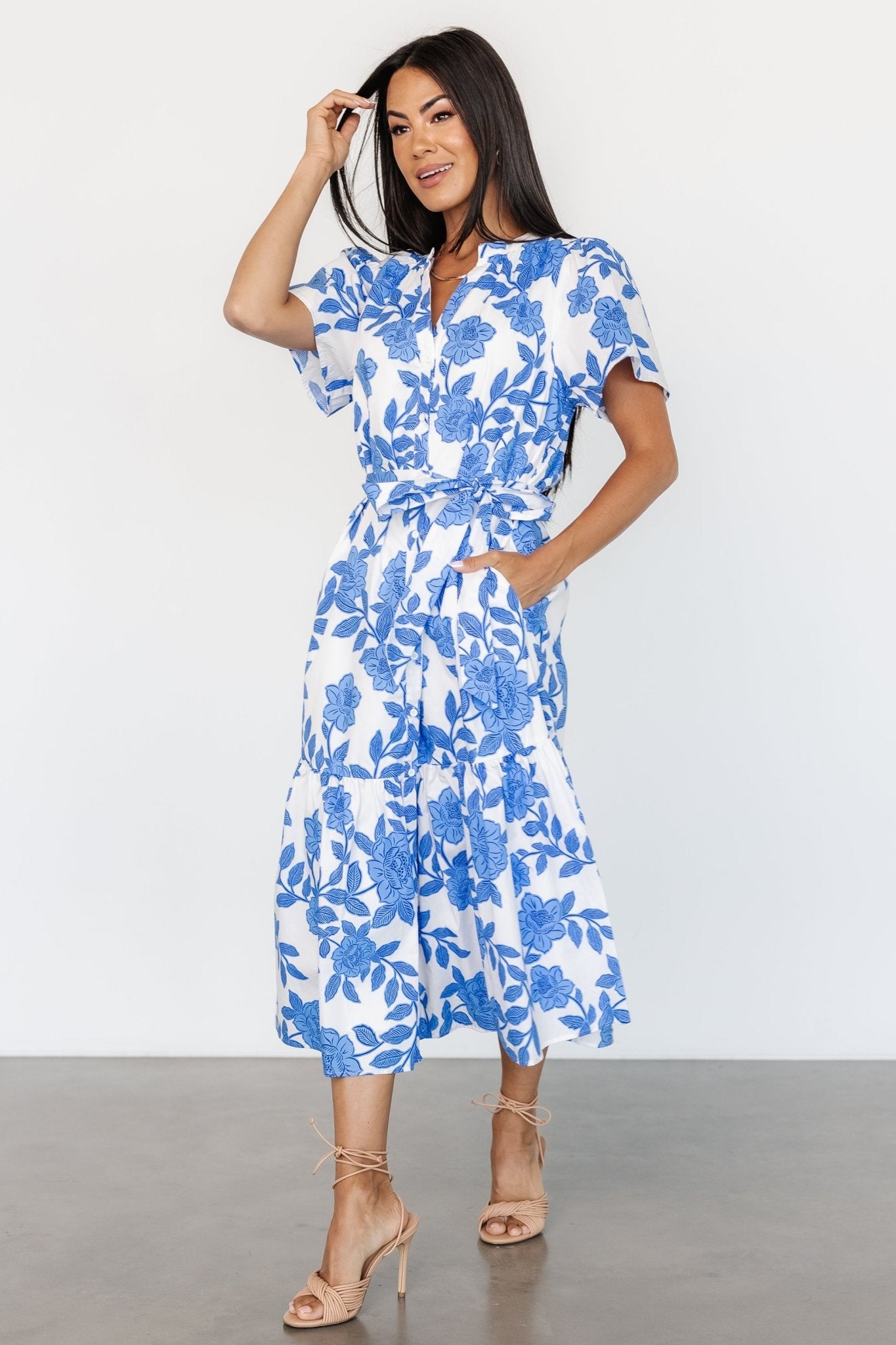 Lydie Button Midi Dress | White + Blue - Image 4