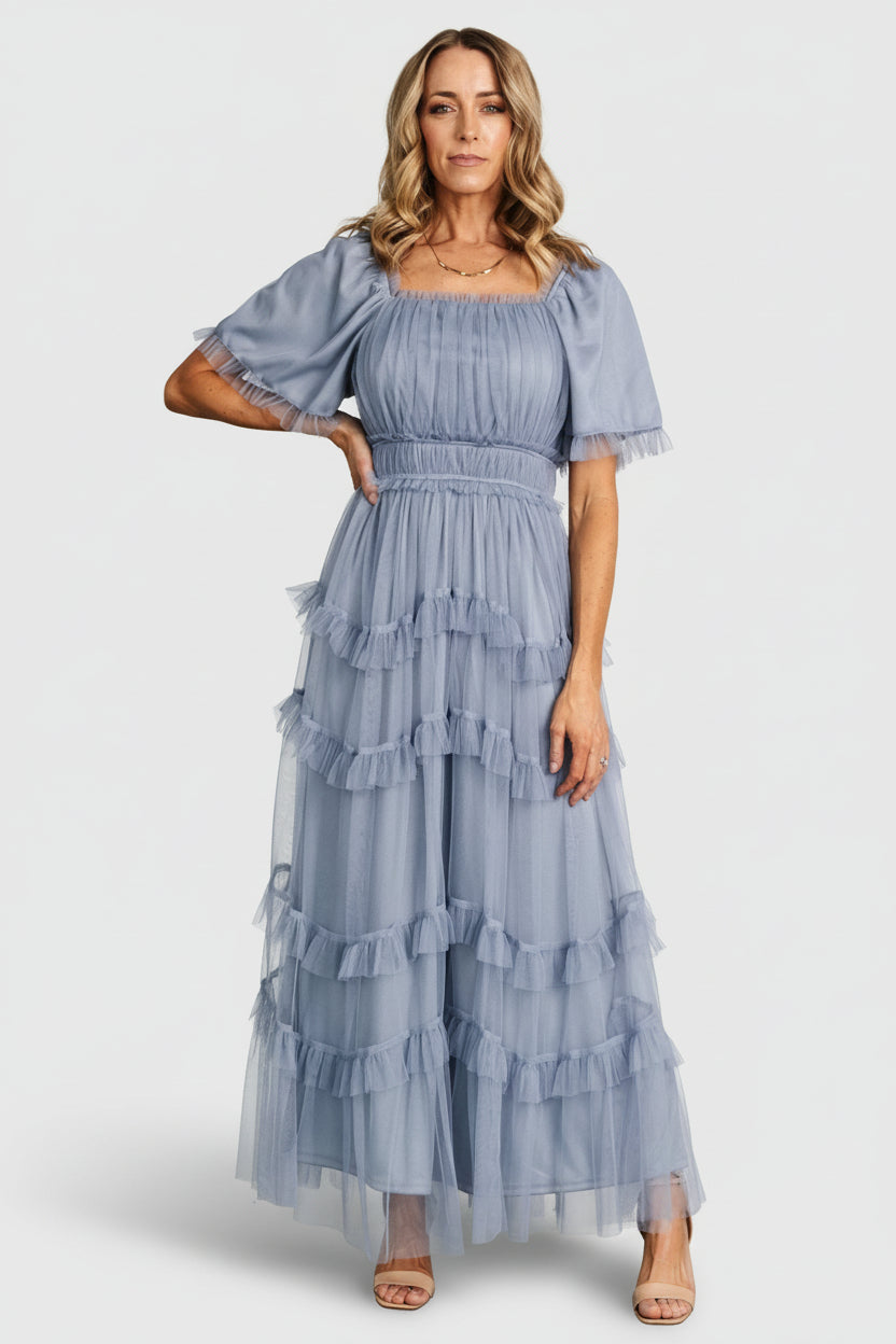 Magdalena Tulle Maxi Dress | Dusty Blue