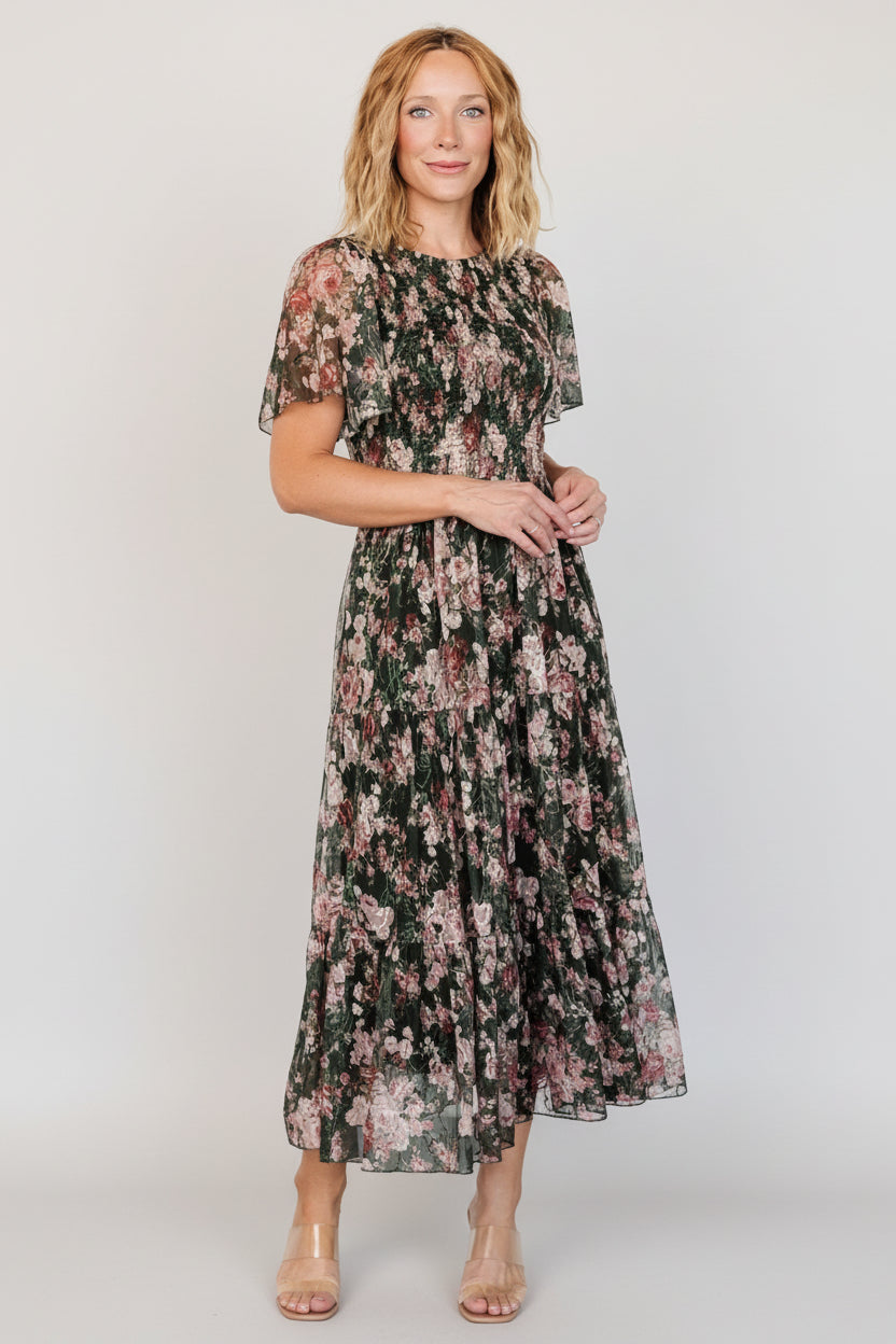 Mara Embroidered Tulle Dress | Dark Green + Blush Floral - Image 4