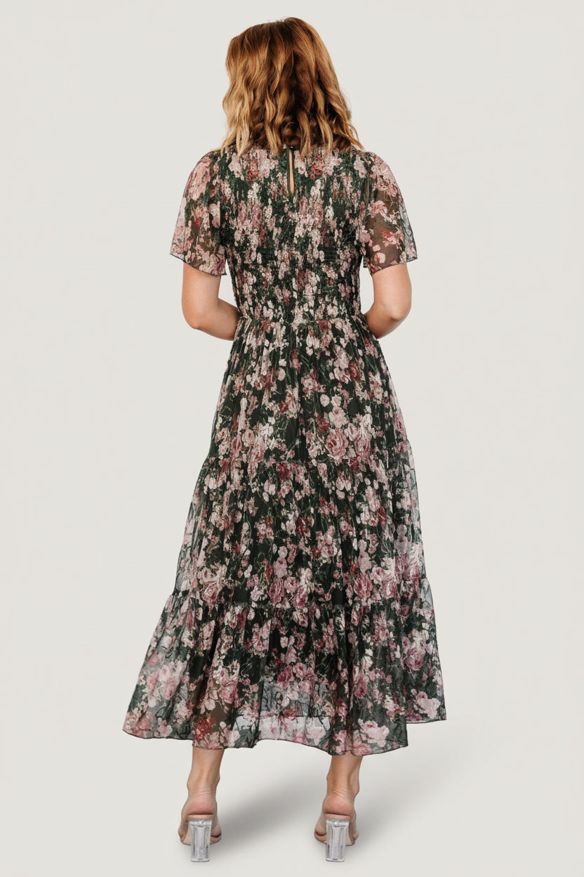 Mara Embroidered Tulle Dress | Dark Green + Blush Floral - Image 5