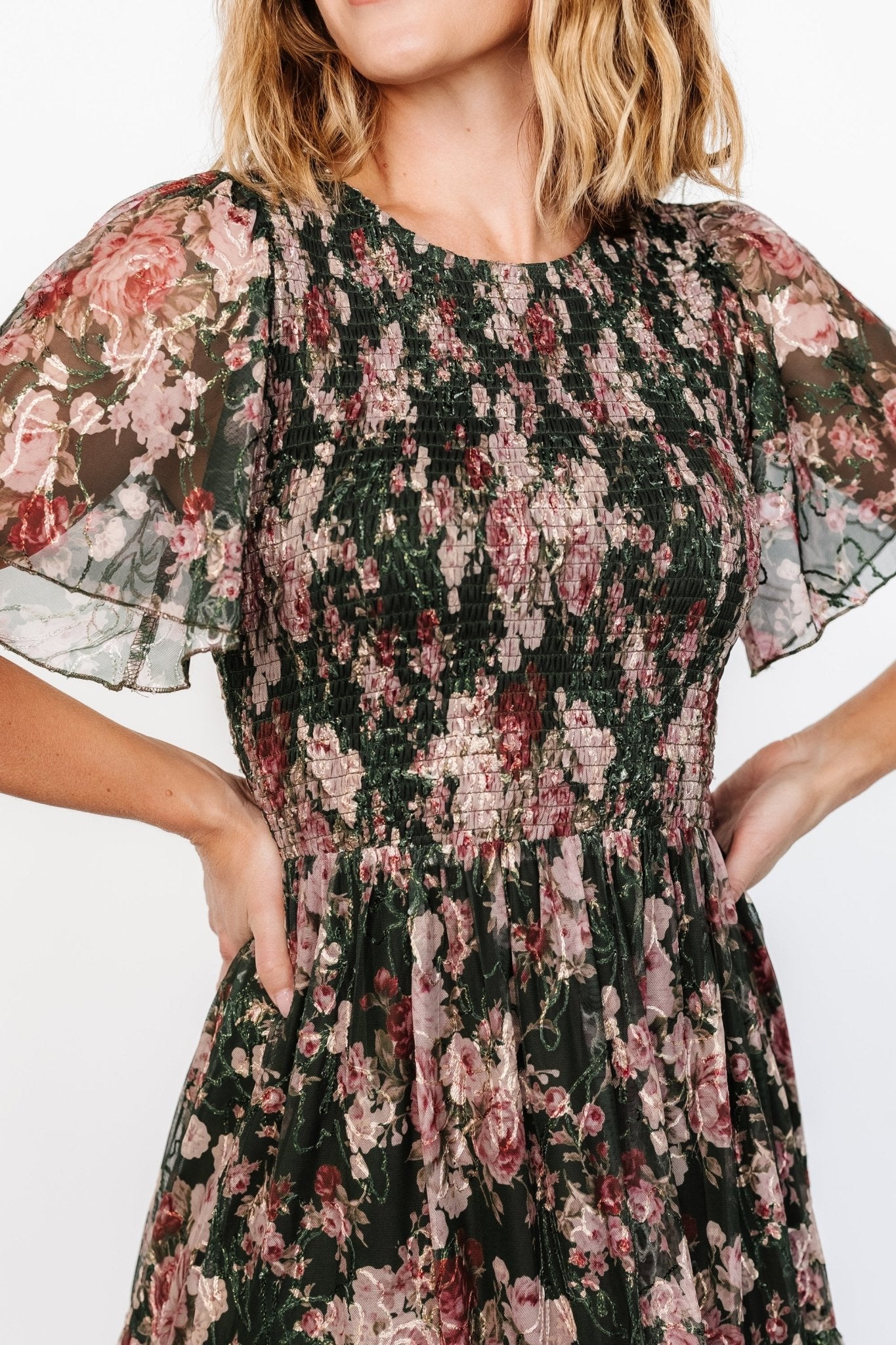Mara Embroidered Tulle Dress | Dark Green + Blush Floral - Image 2