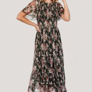 Mara Embroidered Tulle Dress | Dark Green + Blush Floral