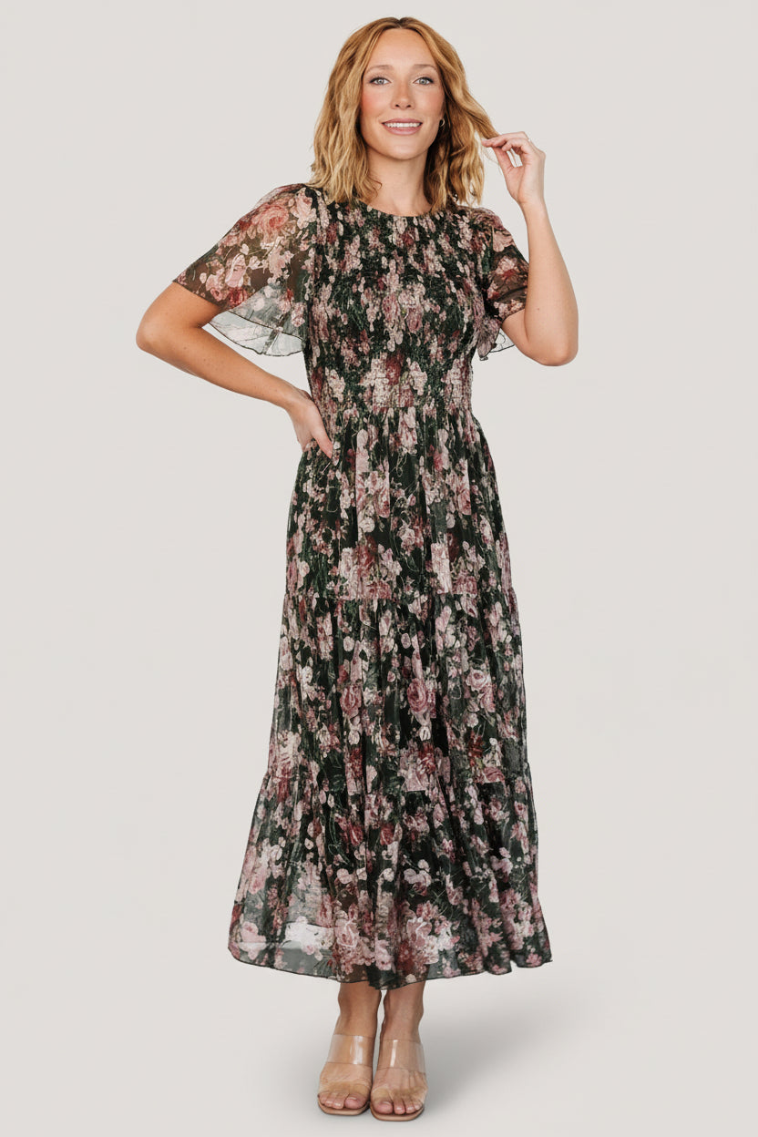 Mara Embroidered Tulle Dress | Dark Green + Blush Floral