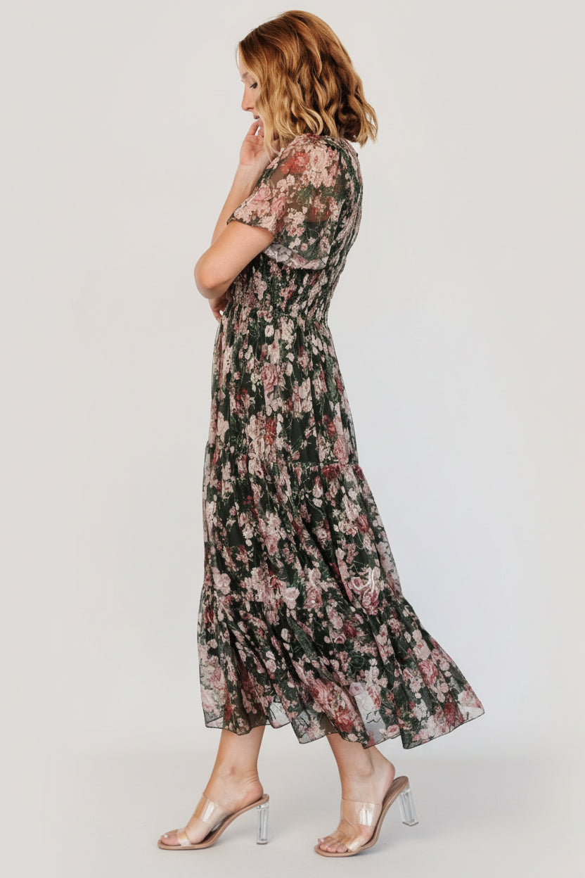 Mara Embroidered Tulle Dress | Dark Green + Blush Floral - Image 3