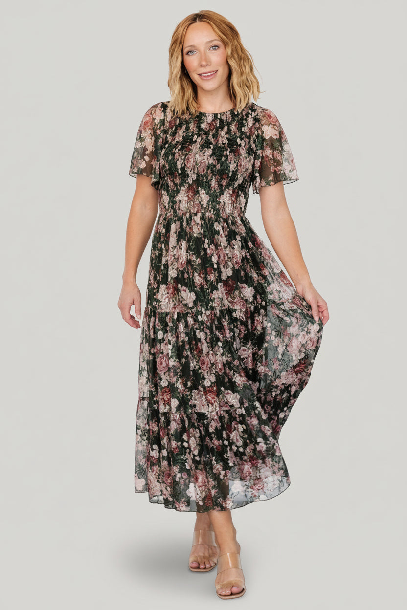 Mara Embroidered Tulle Dress | Dark Green + Blush Floral - Image 6