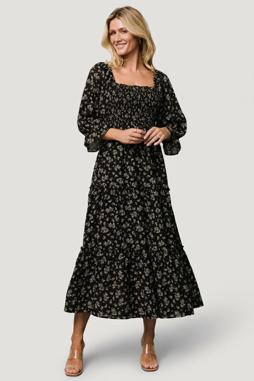 Margareta Tiered Dress | Black Floral