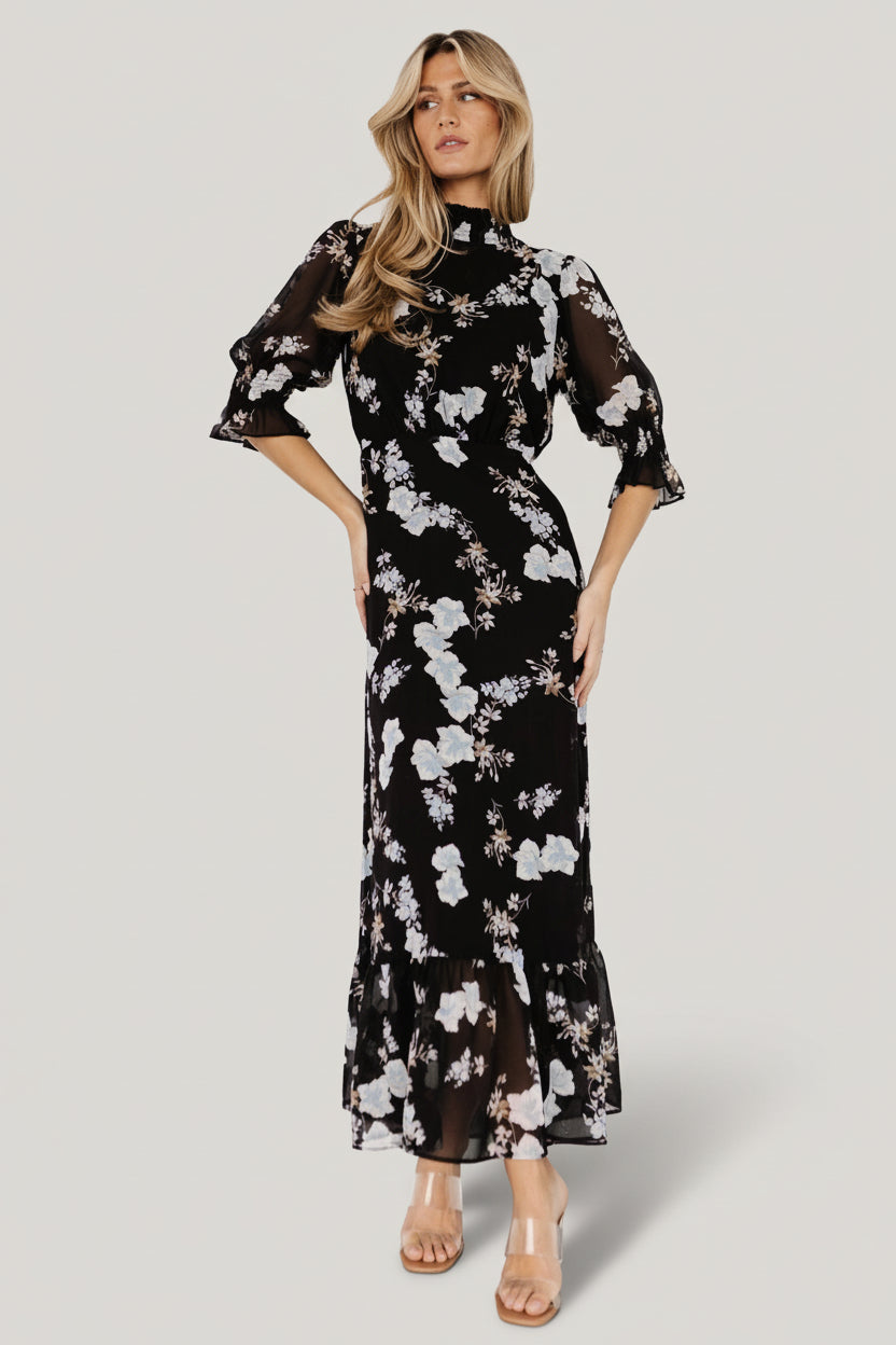 Marie Mock Neck Maxi Dress | Black Floral