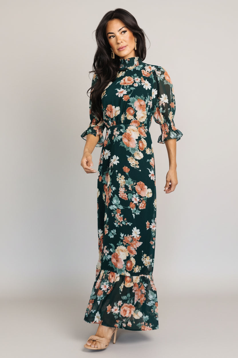 Marie Mock Neck Maxi Dress | Dark Green Floral - Image 5