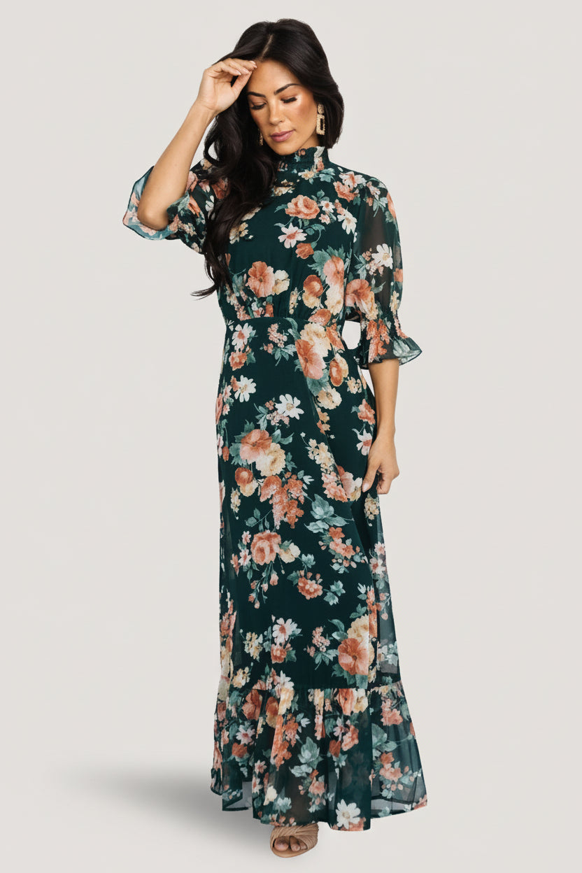 Marie Mock Neck Maxi Dress | Dark Green Floral - Image 6