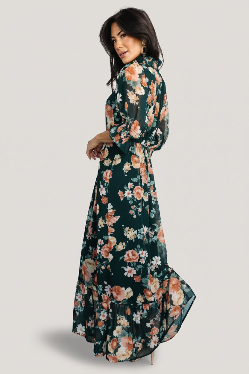 Marie Mock Neck Maxi Dress | Dark Green Floral - Image 3