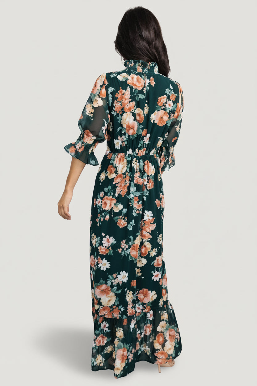 Marie Mock Neck Maxi Dress | Dark Green Floral - Image 4