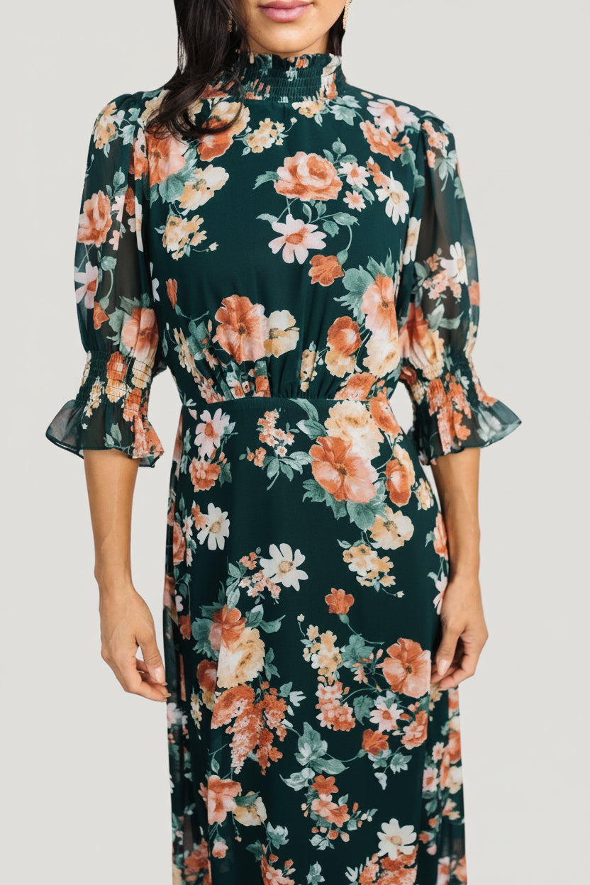 Marie Mock Neck Maxi Dress | Dark Green Floral - Image 2