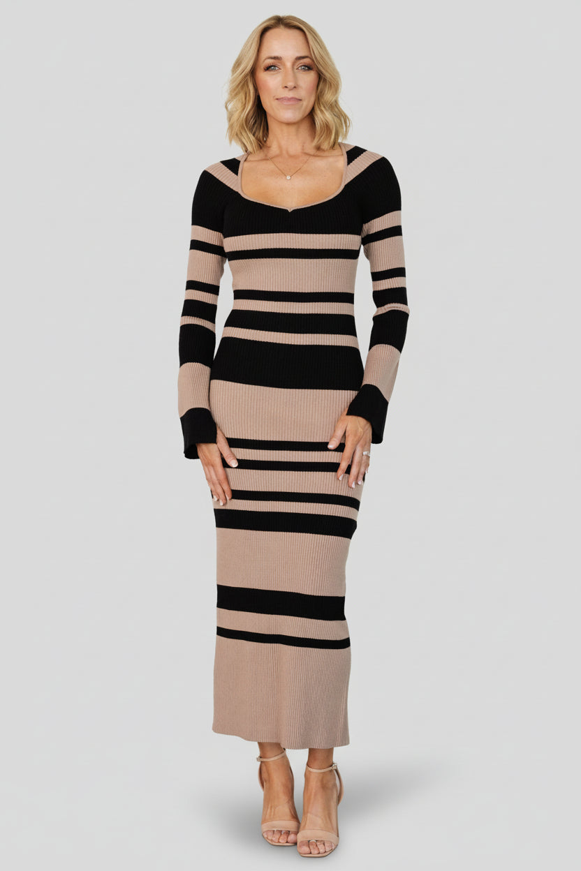 Marika Ribbed Dress | Camel + Black Stripe