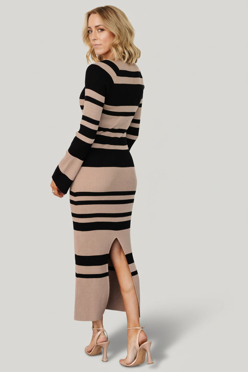 Marika Ribbed Dress | Camel + Black Stripe - Image 4