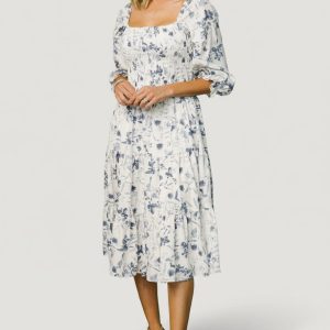 Marta Smocked Midi Dress | White + Blue