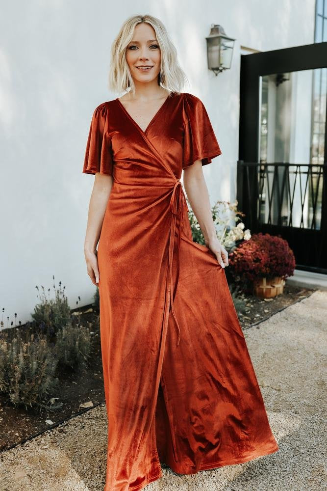 Meghan Velvet Wrap Maxi Dress | Rust - Image 5