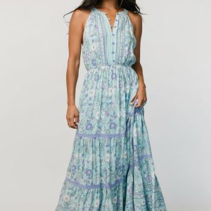 Meline Button Front Maxi Dress | Light Blue Multi
