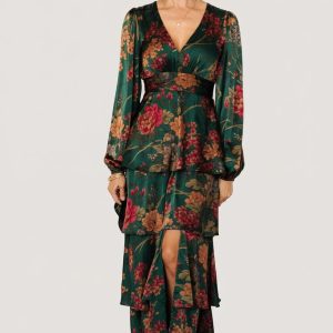 Montrouge Tiered Satin Dress | Emerald Floral