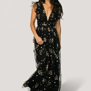 Natalia Floral Embellished Maxi Dress | Black + Gold