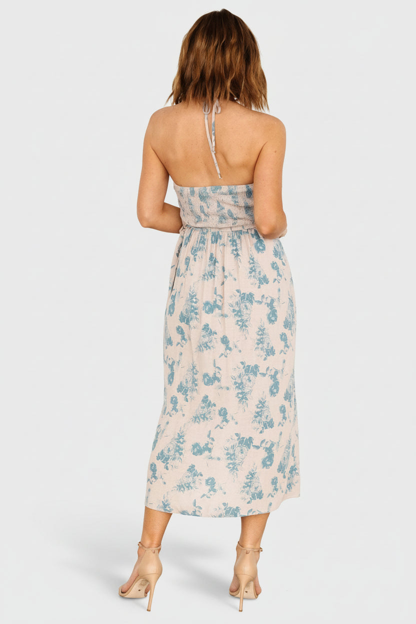 Nicole Faux Wrap Midi Dress | Natural + Blue - Image 4