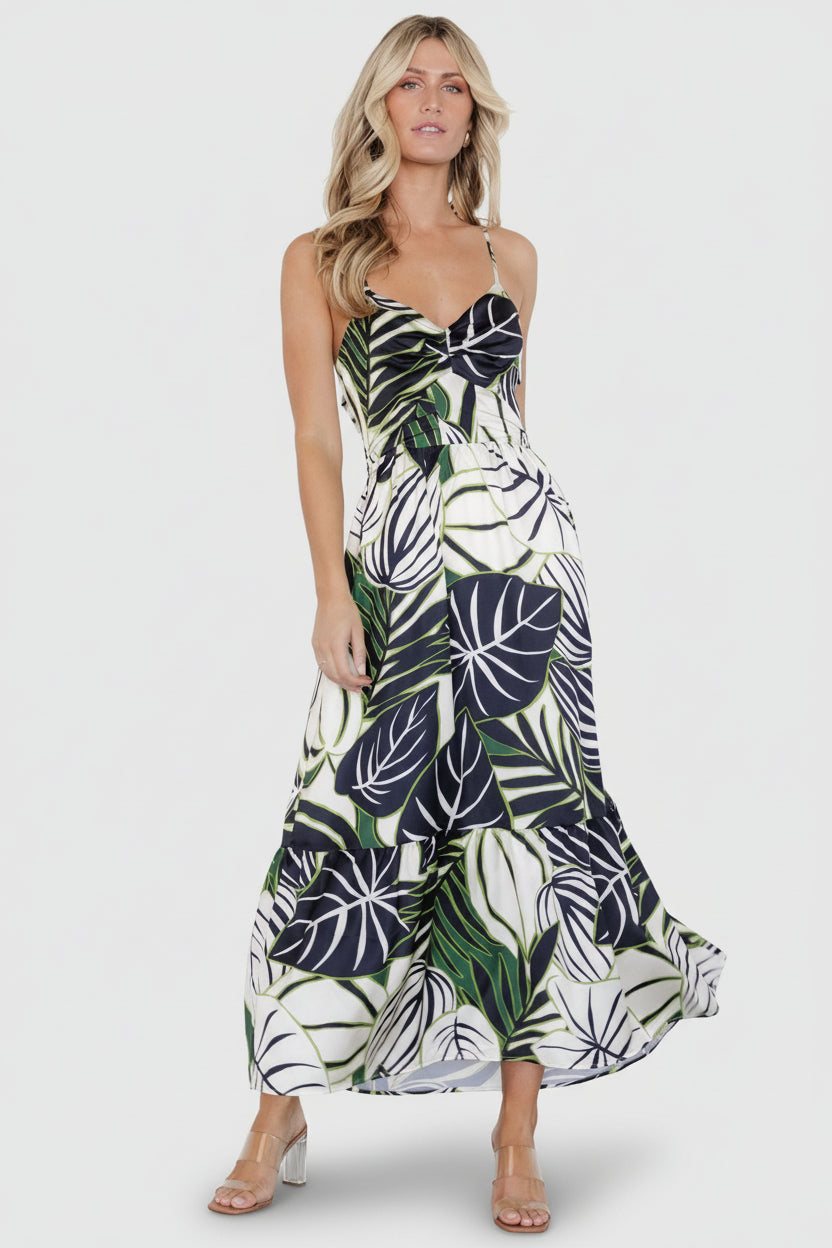 Norita Tie Back Tank Dress | Black + Green Print