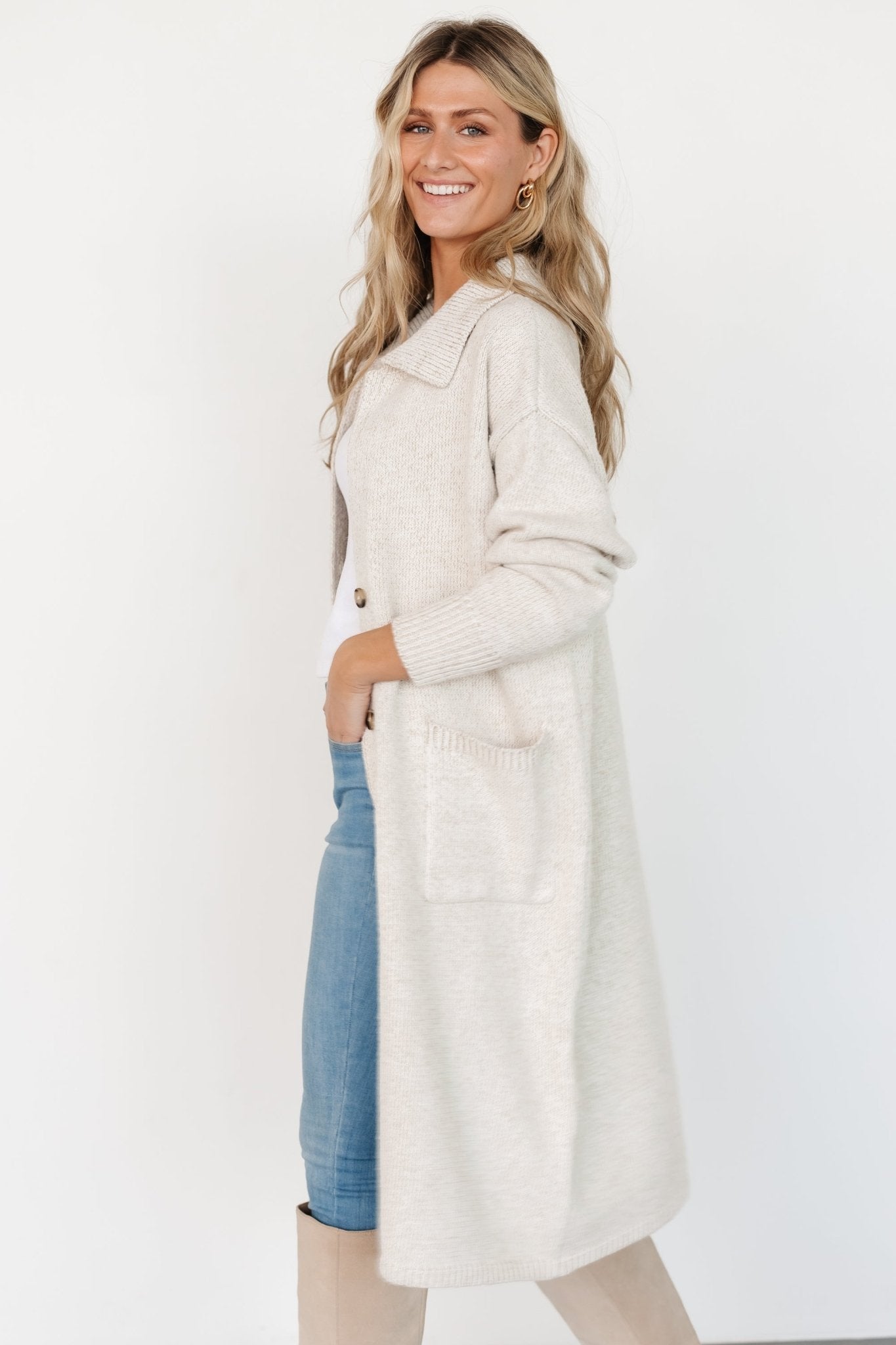 Ontario Long Button Cardigan | Oatmeal - Image 7