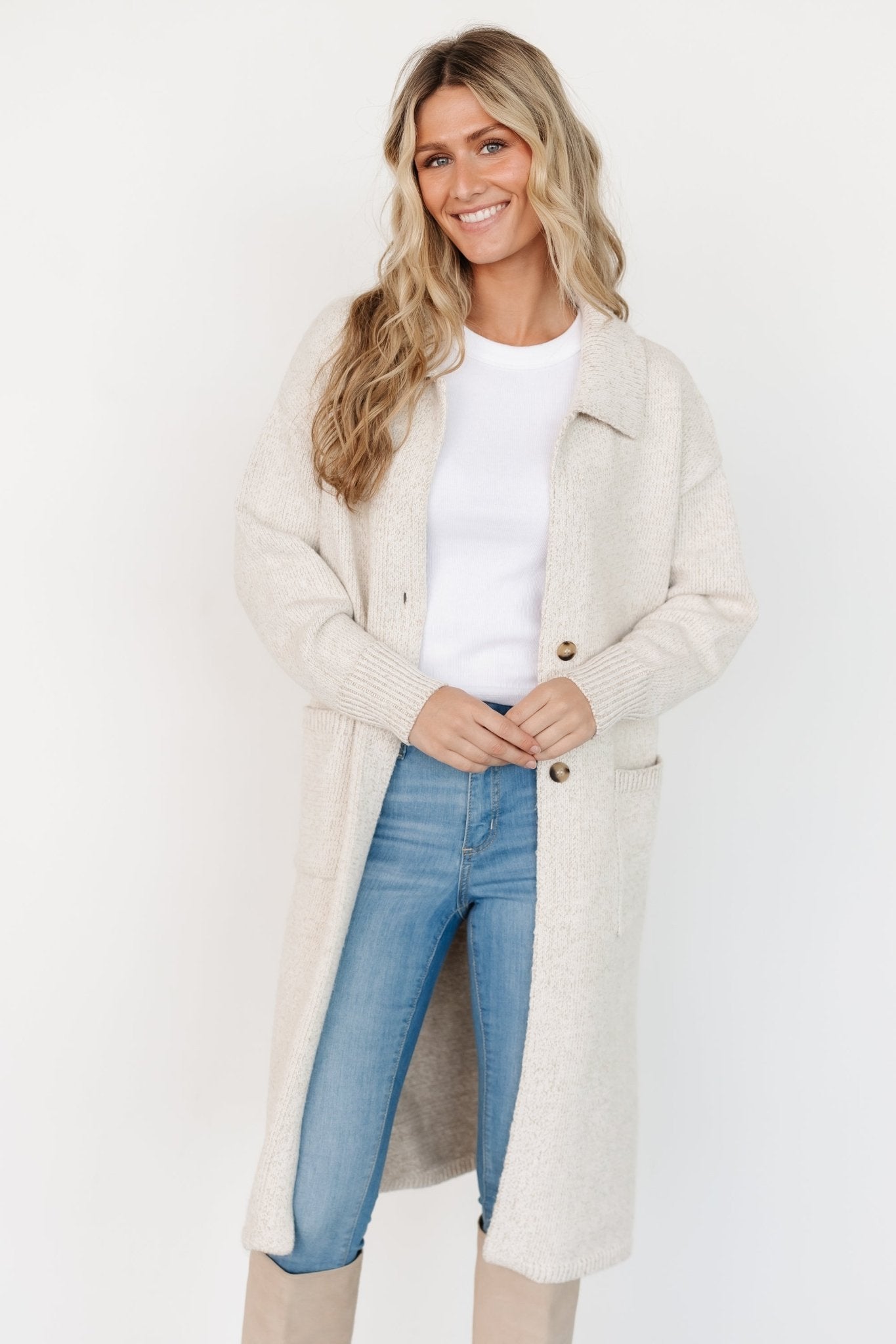Ontario Long Button Cardigan | Oatmeal - Image 2