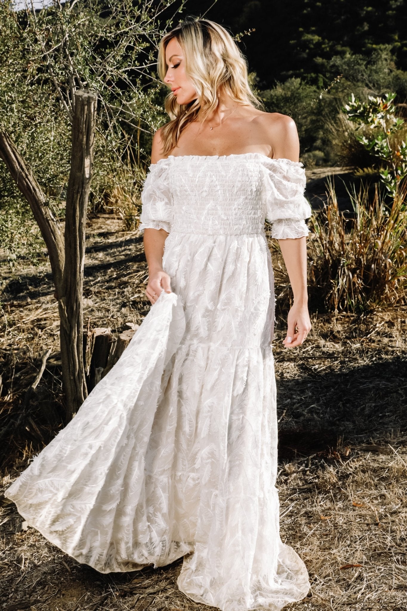 Paloma Smocked Feather Maxi Dress | Off White - Image 3