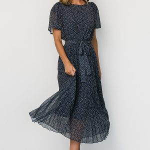Prim Pleated Dress | Navy Print