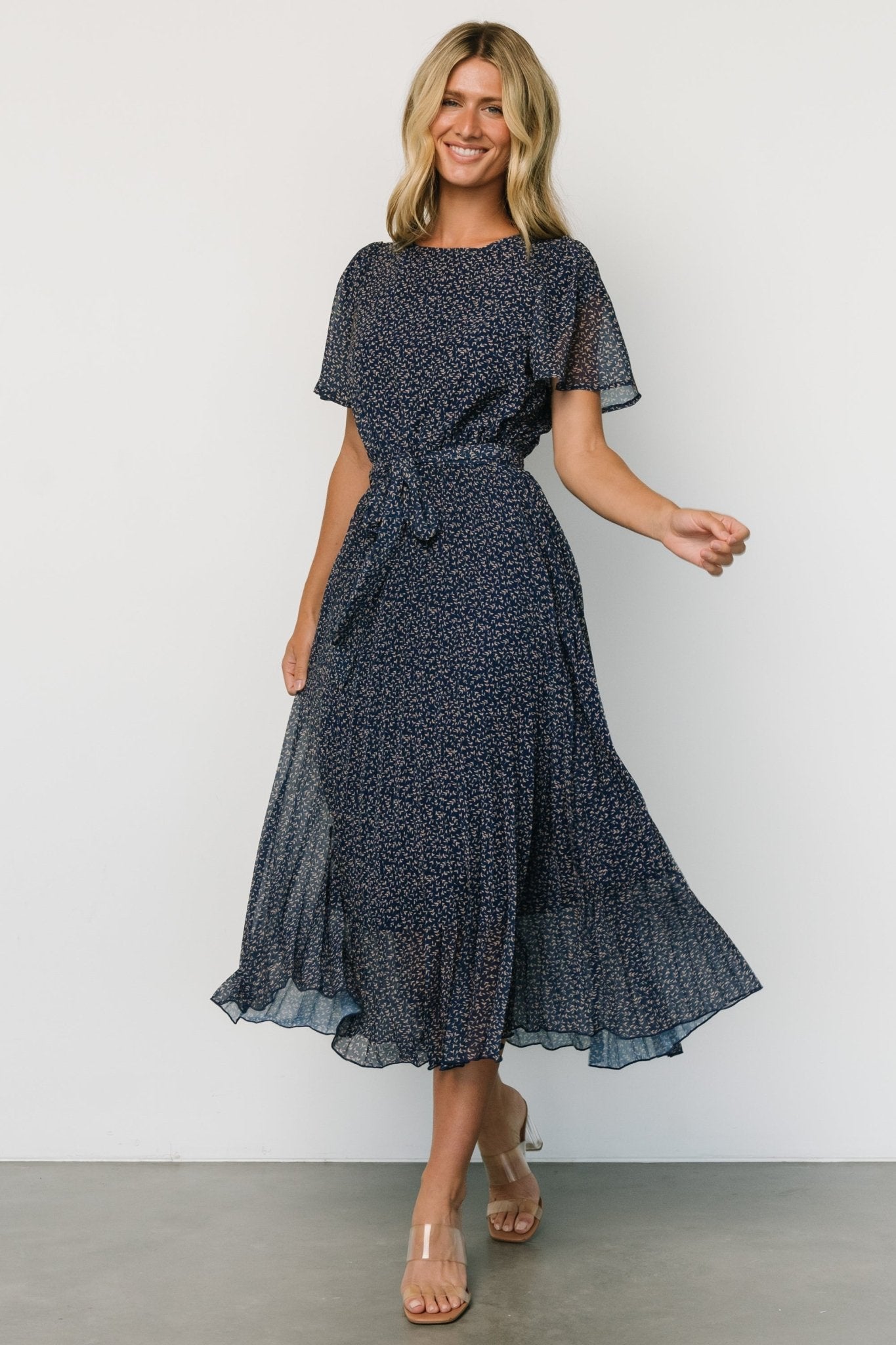 Prim Pleated Dress | Navy Print - Image 6