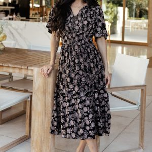 Spell Boho Midi Dress | Black + Taupe Floral