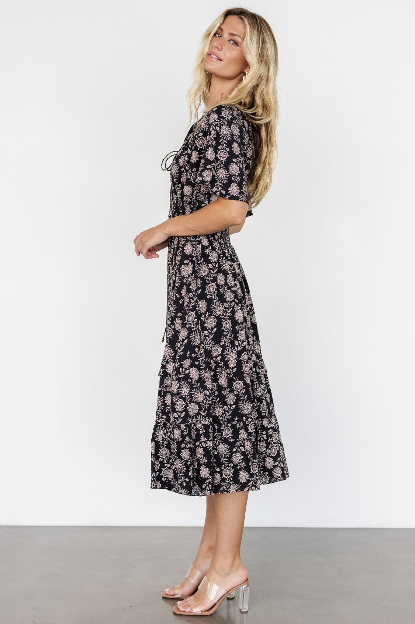 Spell Boho Midi Dress | Black + Taupe Floral - Image 5