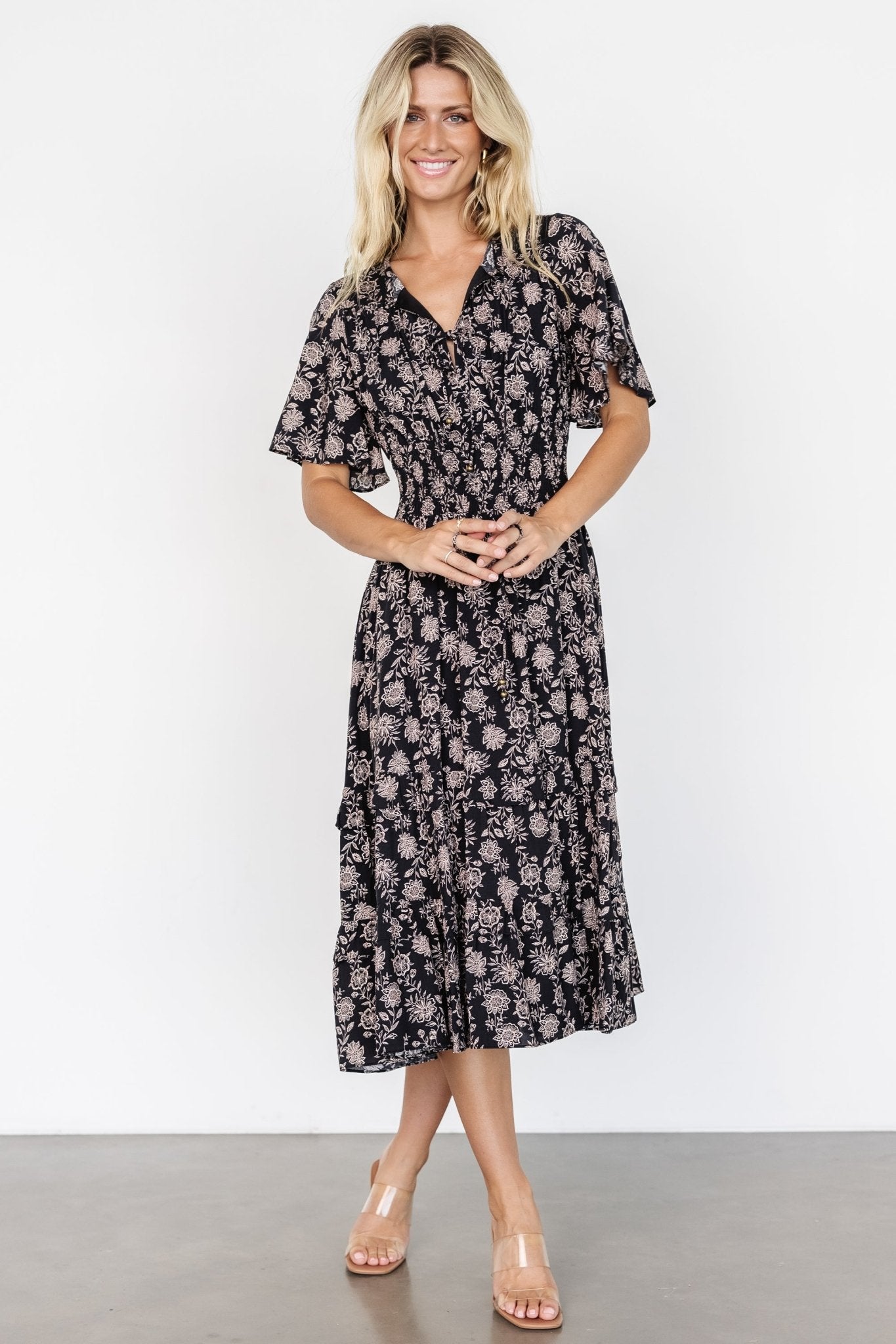 Spell Boho Midi Dress | Black + Taupe Floral - Image 2