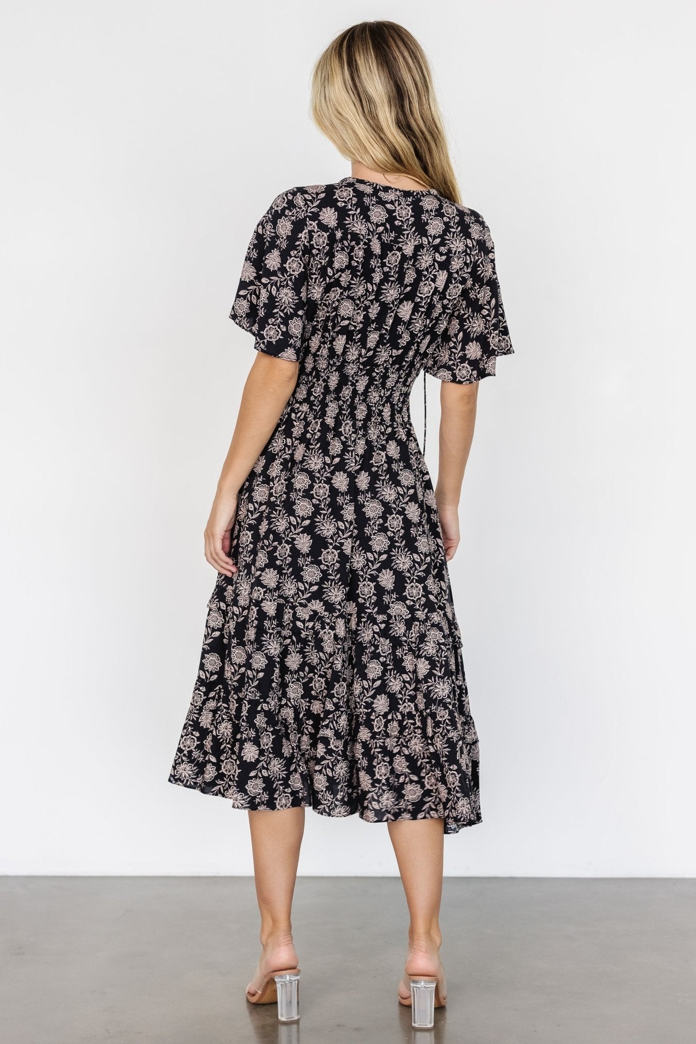 Spell Boho Midi Dress | Black + Taupe Floral - Image 6