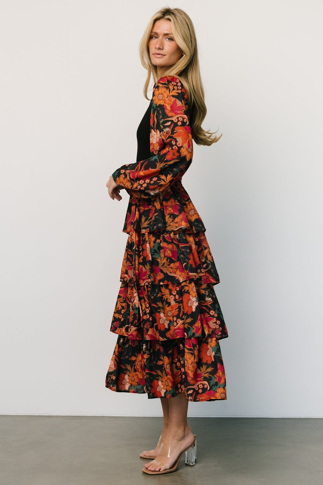 Sylvie Tiered Midi Dress | Black Multi - Image 7