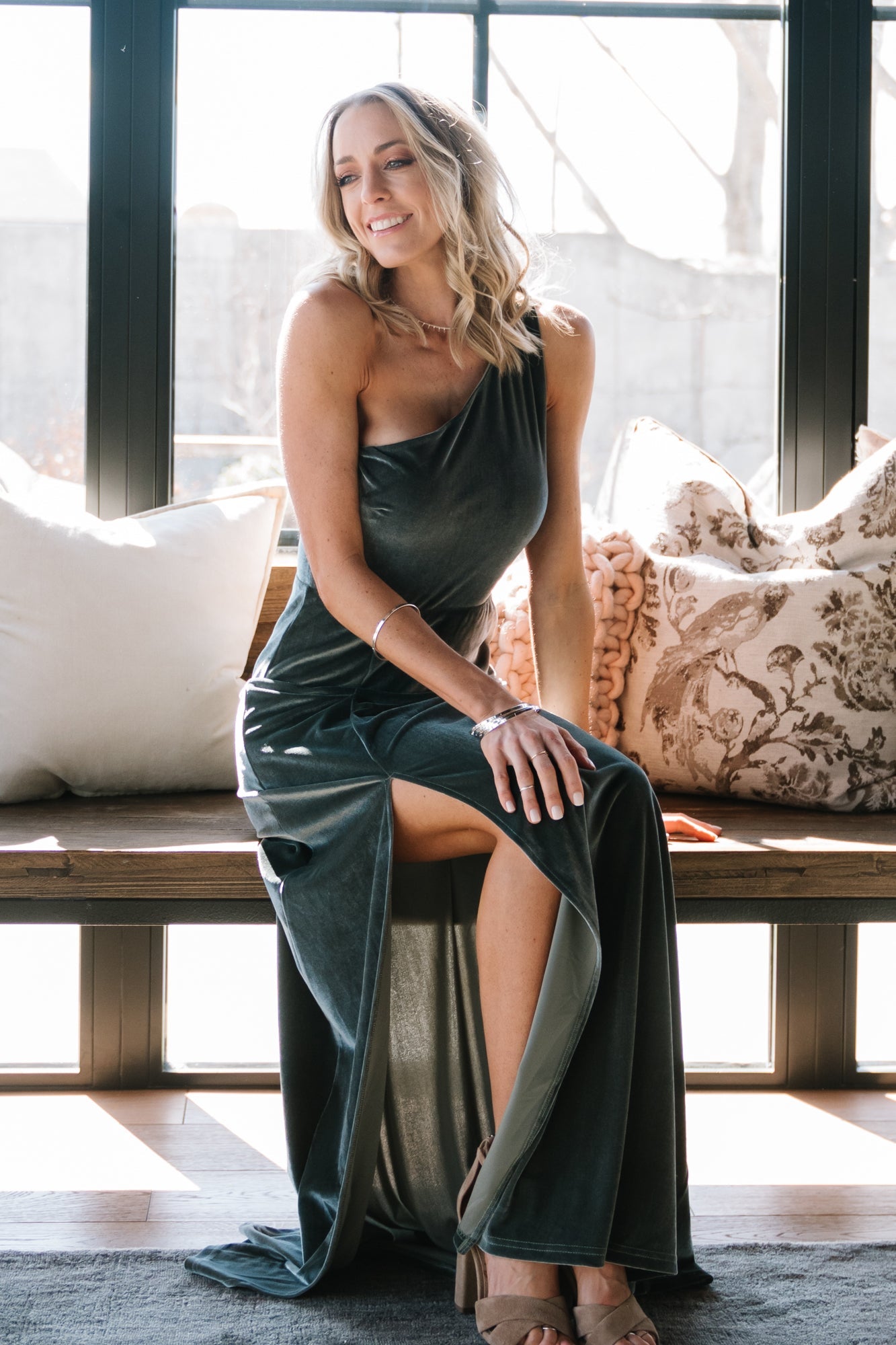 Tatiana Velvet One Shoulder Maxi Dress | Eucalyptus - Image 3