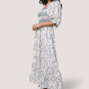 Tulsa Smocked Dress | Off White + Blue