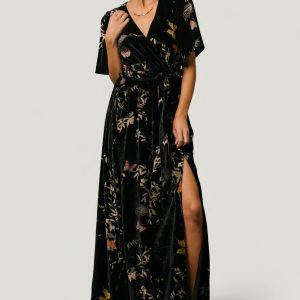 Uma Velvet Maxi Dress | Black Butterfly Print