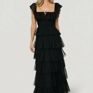 Valora Swiss Dot Tulle Maxi Dress | Black