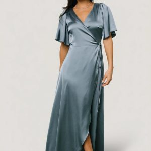 Vara Satin Maxi Wrap Dress | Dusty Blue