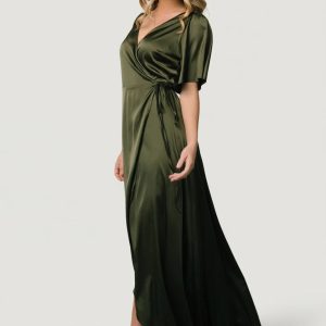 Vara Satin Maxi Wrap Dress | Juniper Green