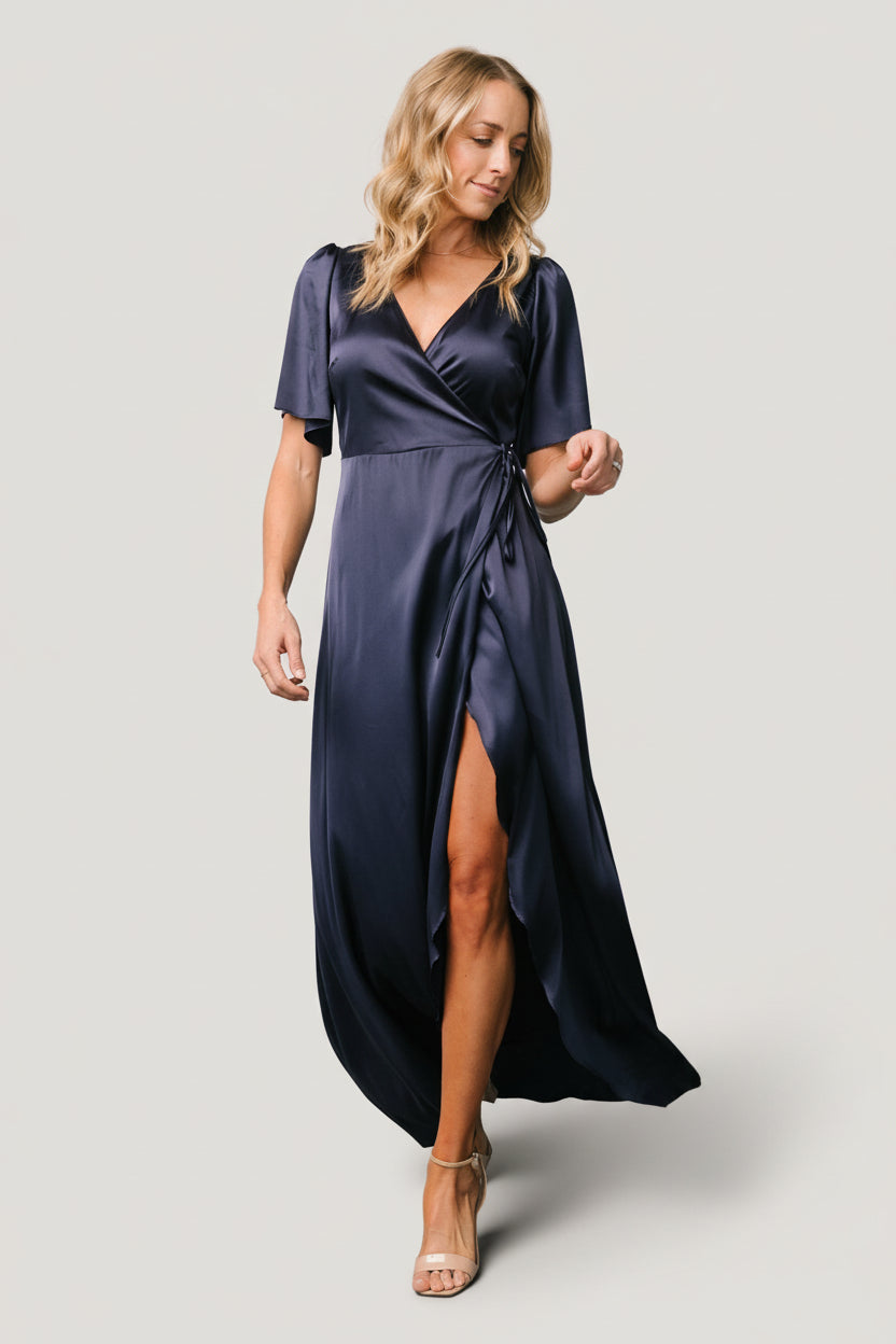 Vara Satin Maxi Wrap Dress | Navy - Image 5