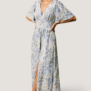 Verona Smocked Maxi Dress | White + Blue Print